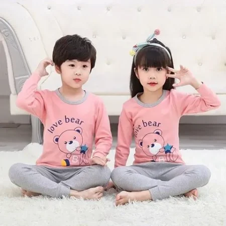 PINK LOVE BEAR Printed Design Styles Kids Night Suits Full Sleeves Kids Night Suits Kids Sleep Wear Kids Nght Dress