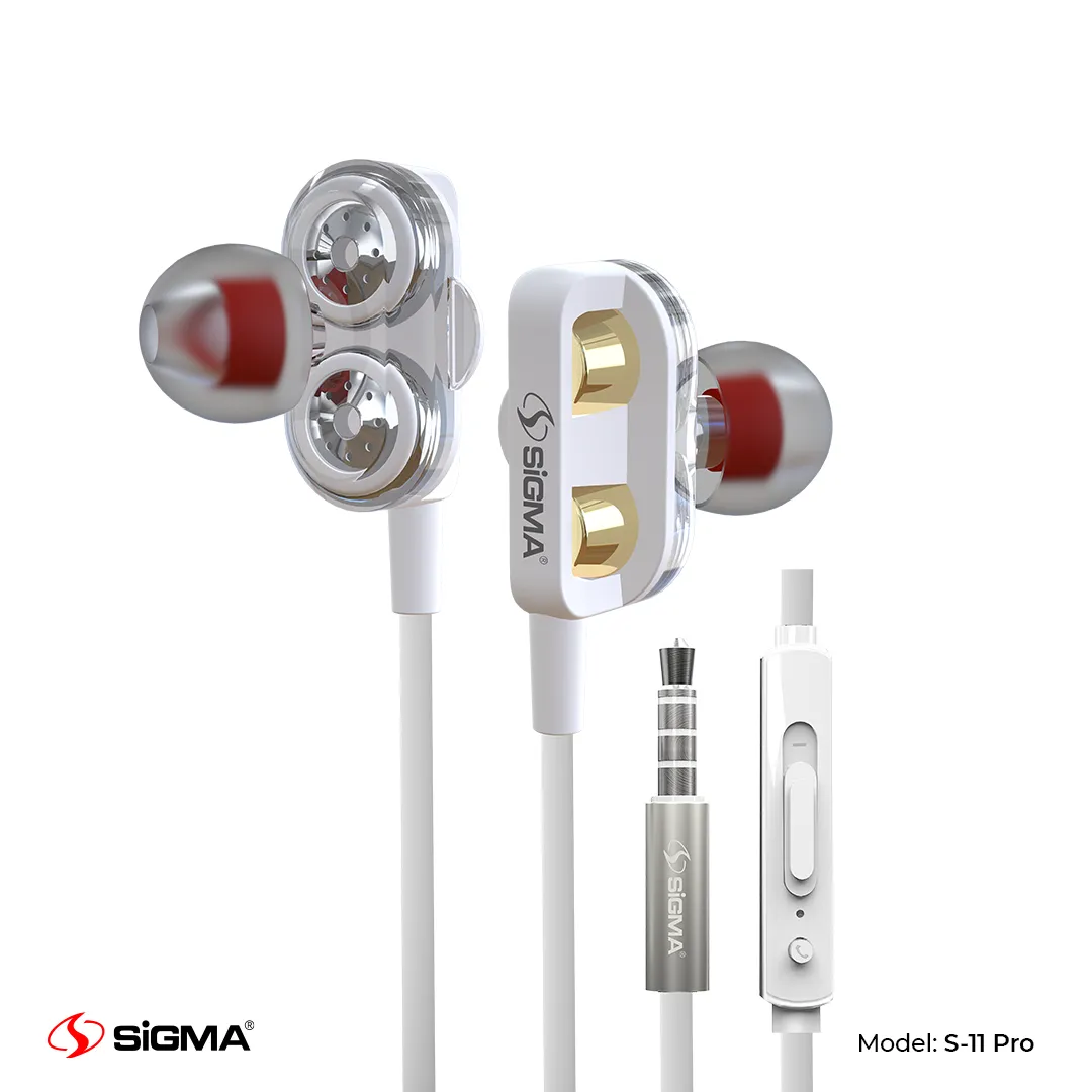 SIGMA - DOUBLE DECKER STEREO IN-EAR WIRED STEREO EARPHONES WITH MIC – S11 PRO (Random Color)