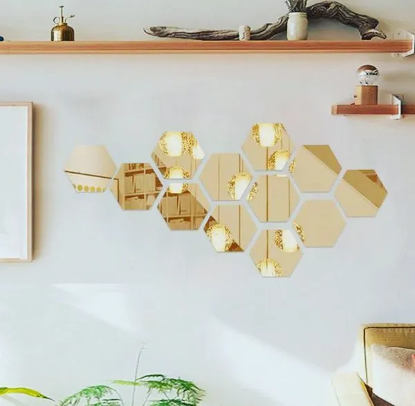 Golden Hexagon Shape Acrylic Mirror Wall Stickers (12 Pc Set)