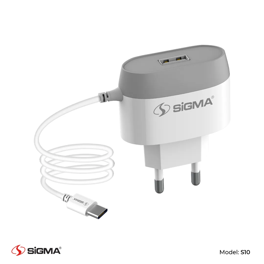 SIGMA - TYPE-C 2.1A SINGLE USB WALL CHARGER WITH BUILT-IN CABLE – S10