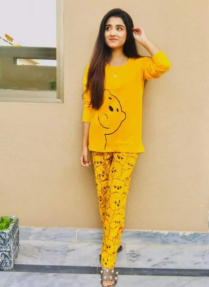 Orange Colour Black Bear Printed Design Full Sleeves Round Neck Ladies Night Suit comfortable pajama suit printed night dress for women and girls