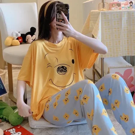 Yellow Colour Winnie The Pooh Printed Design Full Sleeves Round Neck Ladies Night Suit Comfortable Pajama Suit Printed Night Dress For Women & Girls
