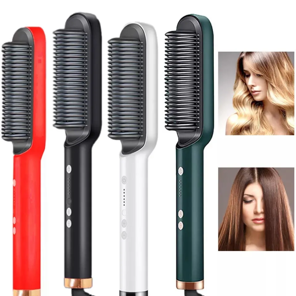 Hair Straightener Iron Brush Straight Hair Comb 2-in-1 Hair Straightener Curling Comb Professional Styling Brush Hair Curler & Straightener Styler For Women (Random Color)