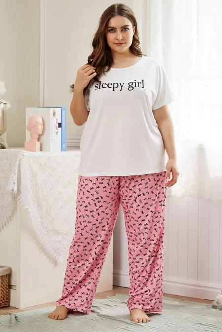 White Colour Sleepy Girl Printed Design Full Sleeves Round Neck Ladies Night Suit Comfortable pink Pajama Suit Printed Night Dress For Women & Girls
