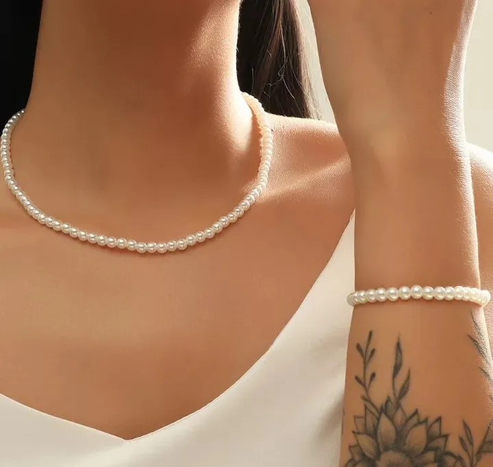 Pack of 02 – Elegant Pearl Bead Statement Necklace Women Choker Necklace for Women with Hand Band
