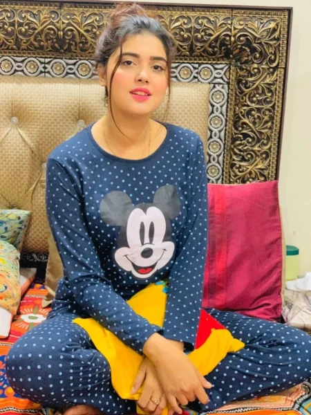 Dark Blue Colour Mickey Mouse Printed Design Full Sleeves Round Neck Ladies Night Suit Comfortable Pajama Suit Printed Night Dress For Women & Girls