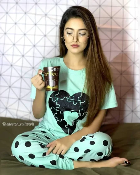 Puzzle Heart Printed Design Full Sleeves Round Neck Ladies Night Suit Comfortable Pajama Suit Printed Night Dress For Women & Girls