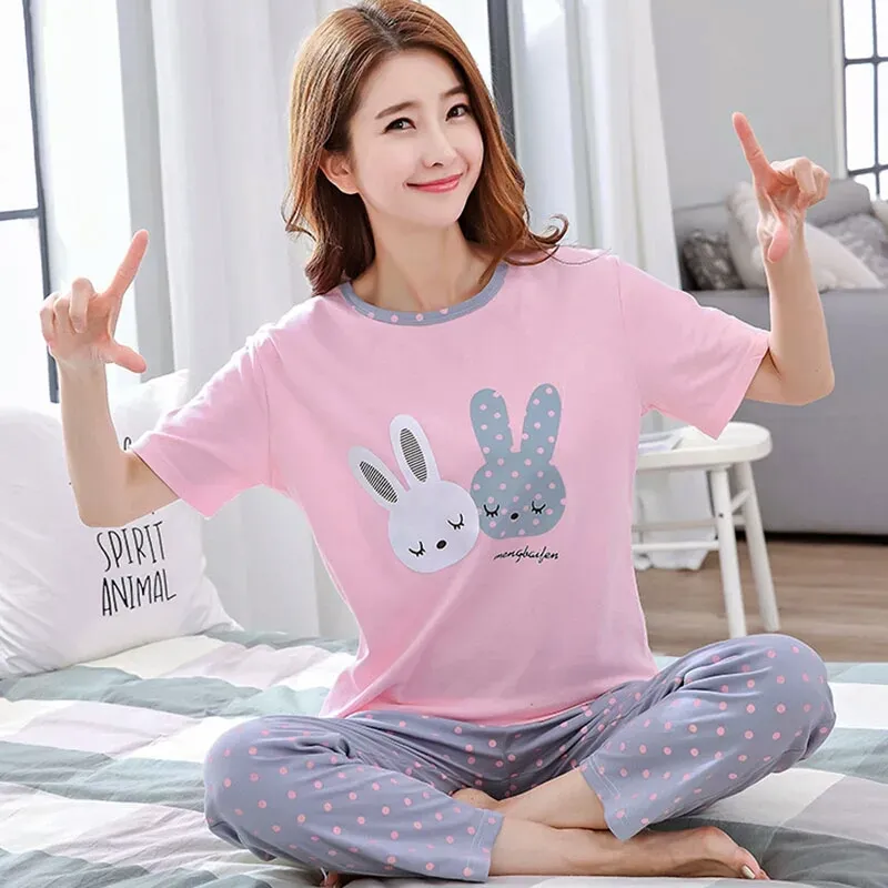 Sleeping Rabbits Printed Design Full Sleeves Round Neck Ladies Night Suit Comfortable Pajama Suit Printed Night Dress For Women & Girls