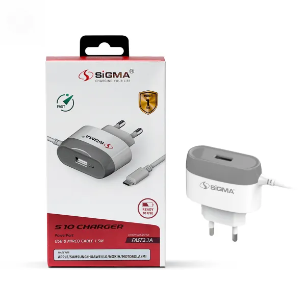 SIGMA - MICRO 2.1A SINGLE USB WALL CHARGER WITH BUILT-IN CABLE – S10