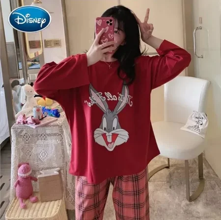 Red Colour Bugs Bunny Printed Design Full Sleeves Round Neck Ladies Night Suit Comfortable Pink Pajama Suit Printed Night Dress For Women & Girls