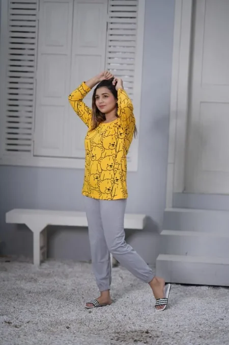 Yellow Colour Bears Printed Design Full Sleeves Round Neck Ladies Night Suit Comfortable Grey Pajama Suit Printed Night Dress For Women & Girls