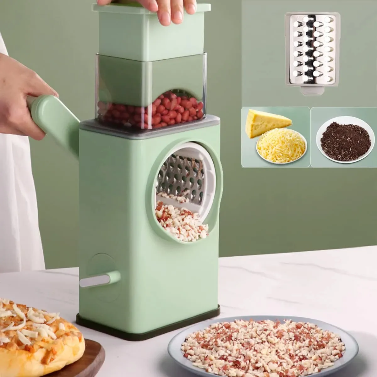 Multifunctional Manual Rotary Cheese Grater Shredder with Wider Hopper Round Mandolin Drum Slicer Cutter for Kitchen