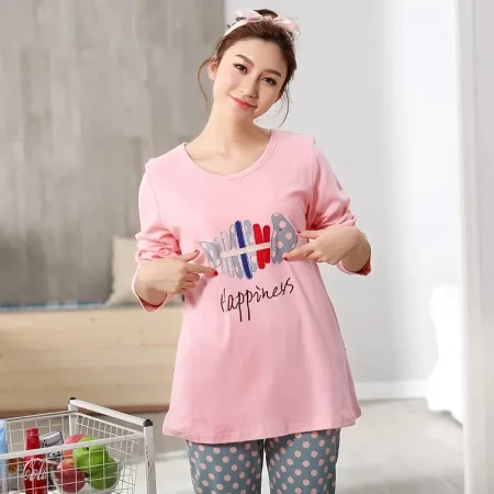 Pink Colour Happiness Printed Design Full Sleeves Round Neck Ladies Night Suit Comfortable Gray Pajama With Pink Heart Suit Printed Night Dress For Women & Girls