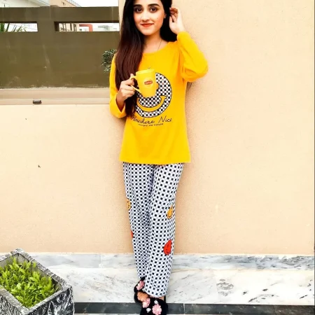 Yellow Colour Smiley Face Printed Design Full Sleeves Round Neck Ladies Night Suit Comfortable Pajama Suit Printed Night Dress For Women & Girls