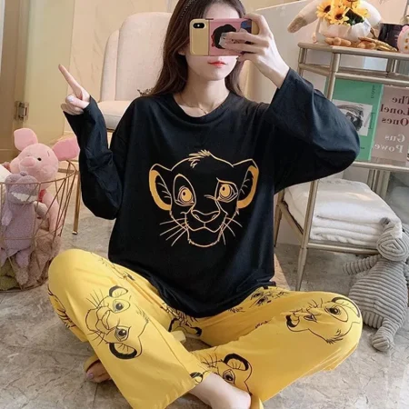 Black Colour Simba Printed Design Full Sleeves Round Neck Ladies Night Suit Comfortable Yellow Simba Pajama Suit Printed Night Dress For Women & Girls