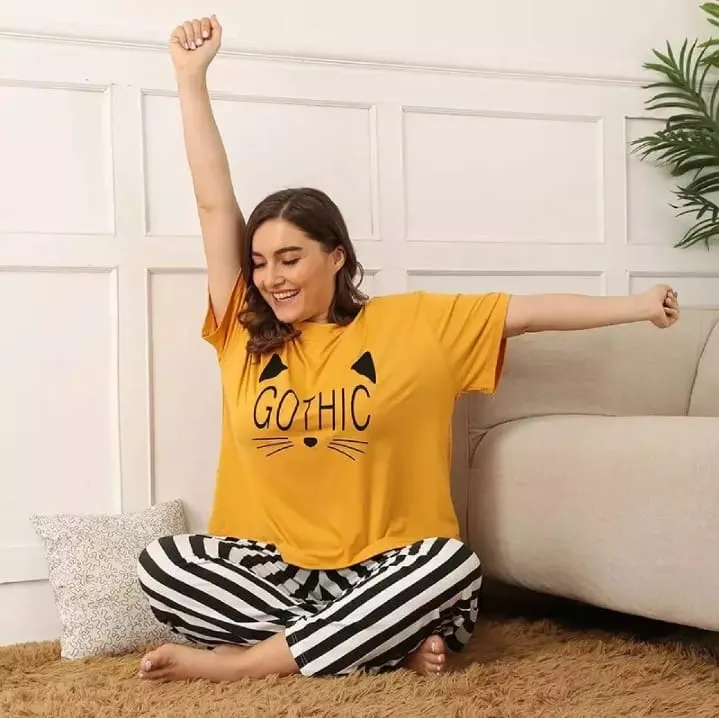 Yellow Colour Gothic Printed Design Full Sleeves Round Neck Ladies Night Suit Comfortable Black & White Pajama Suit Printed Night Dress For Women & Girls