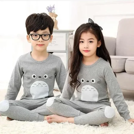 Grey Cartoon Printed Design Styles Kids Night Suits Full Sleeves Kids Night Suits Kids Sleepwear Kids Night Dress