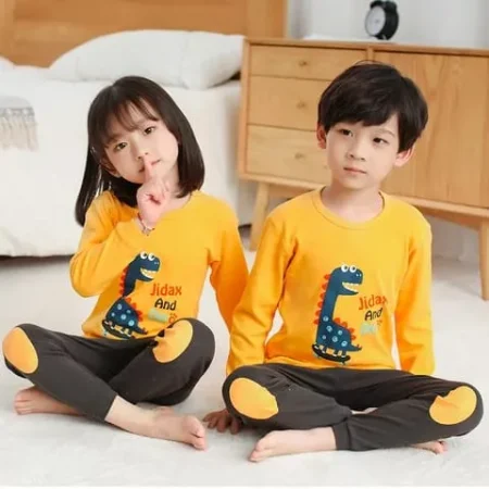 Yellow Color Dinosaur Jidax and Din Printed Design Styles Kids Night Suits Full Sleeves Kids Night Suits Kids Sleepwear Kids Night Dress