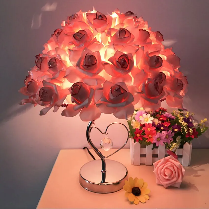 New Rose Flower LED Table Lamp European Style Wedding Party Bedroom Bedside Night Light Decoration Gift Holiday Lighting - Pink