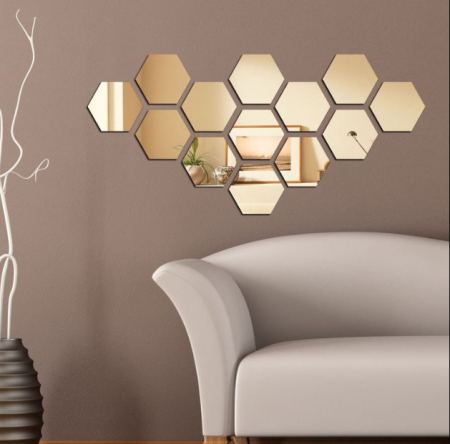 Golden Hexagon Acrylic Mirror Wall Sticker (Pack Of 24)