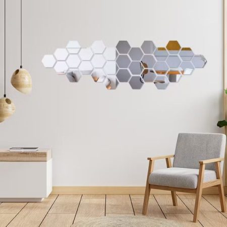 (Pack Of 30) Silver Hexagon Acrylic Mirror Wall Stickers